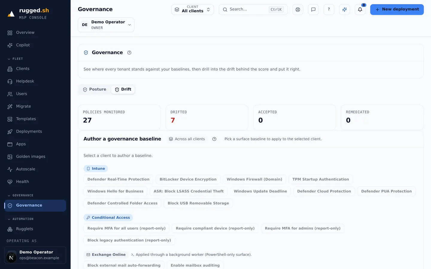 The governance page showing 27 monitored policies with 7 drifted, above a baseline authoring panel listing real Intune and Conditional Access policy names.