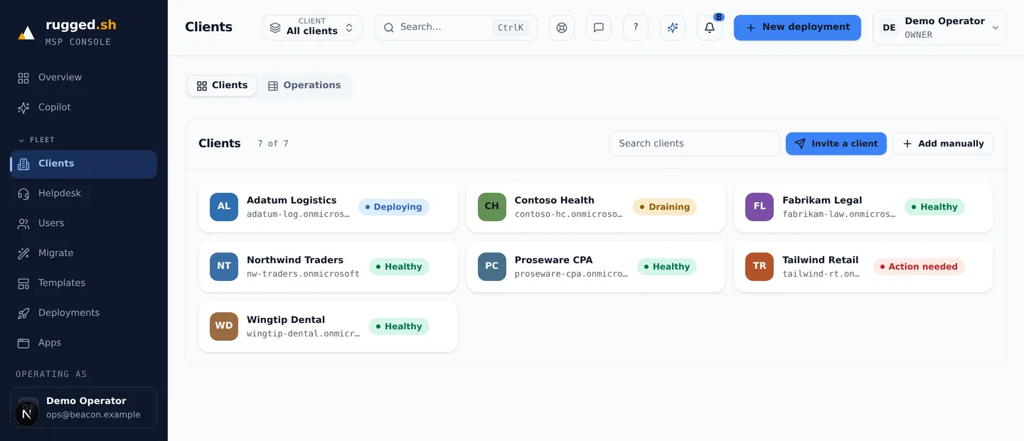 The clients page listing seven customer tenants as cards, each with a health badge reading healthy, deploying, draining or action needed.